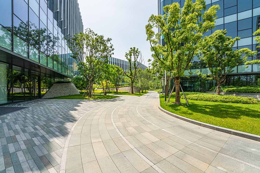 Picture of commercial landscaping and hardscapes outside of large offices.