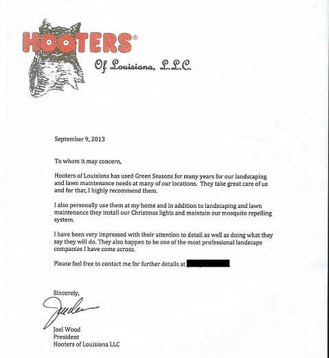 Testimonial letter from Hooters of Louisiana about GreenSeasons in Baton Rouge, LA