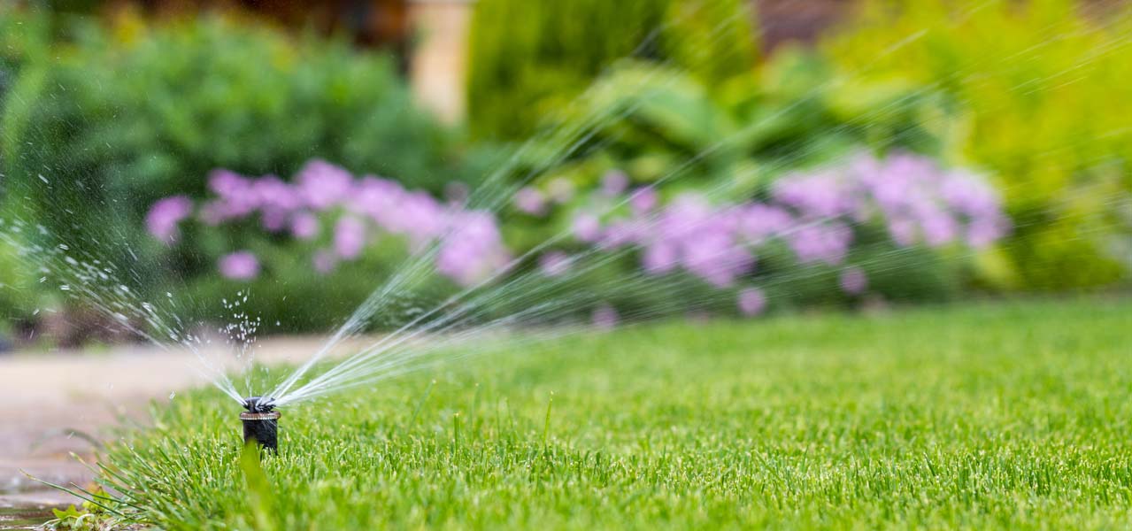 Picture of lawn sprinkler system running with flowers and shrubs in the background